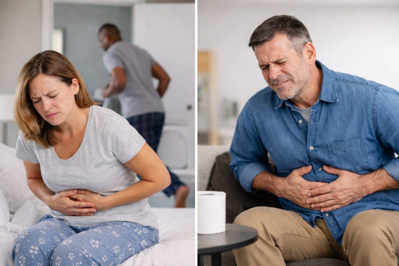 Man and woman holding their gut with abdominal pain.