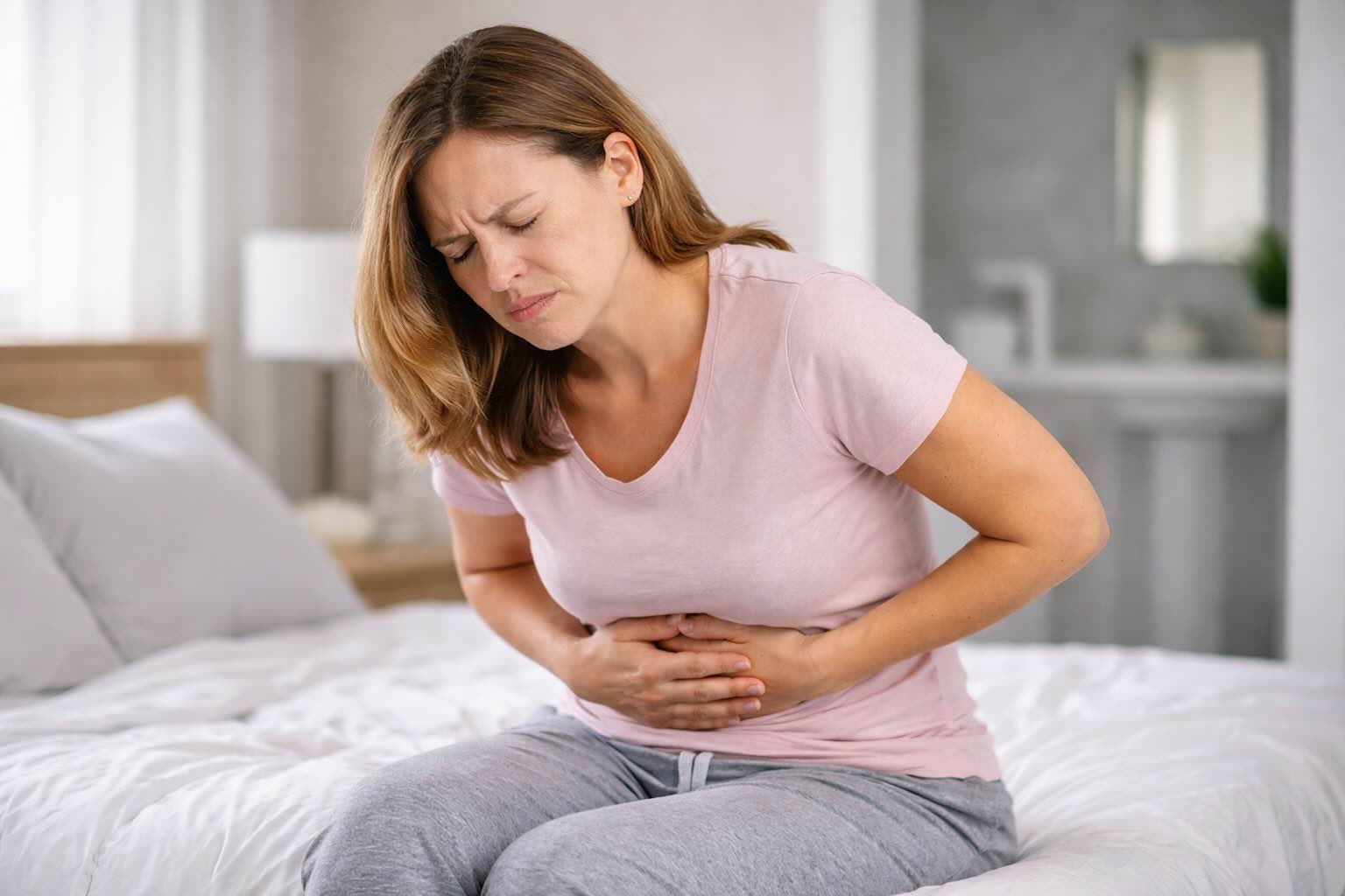 Woman holding their gut with abdominal pain.